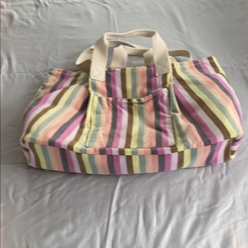 Striped Canvas Tote Bag with Cream Handles